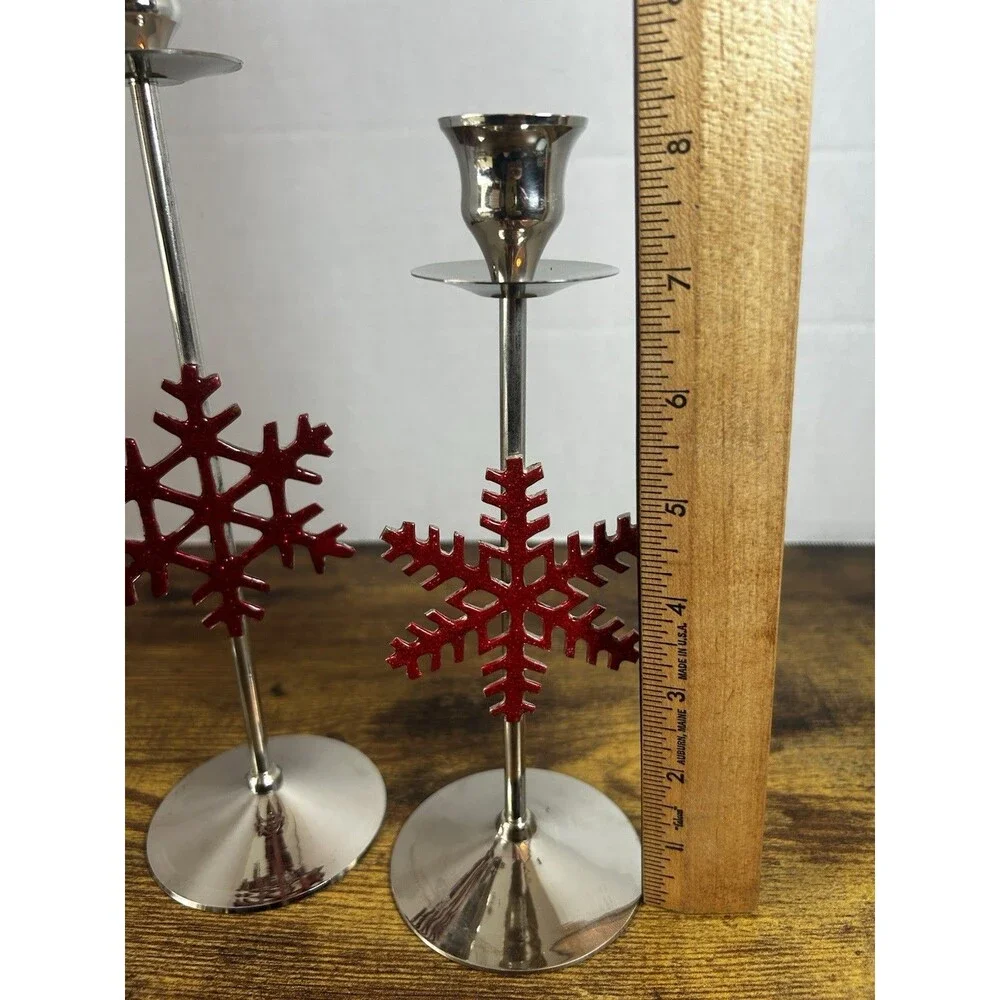 International Silver Red Snowflake Candle Holders Set 3 Christmas Holiday Decor